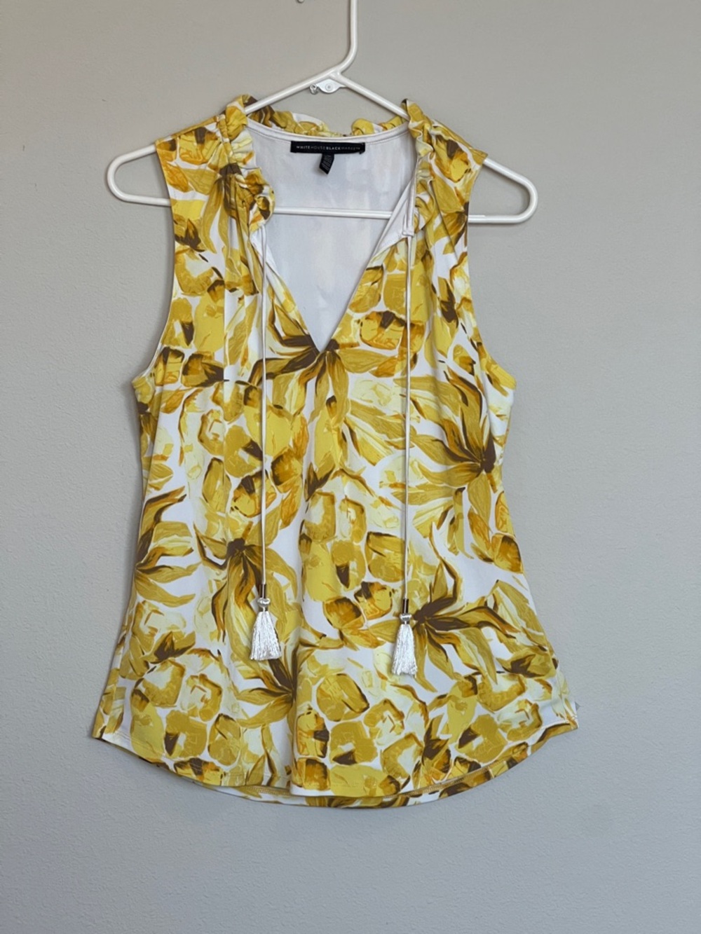 White House Black Market Yellow Floral Ruffle V-Neck Tank Medium